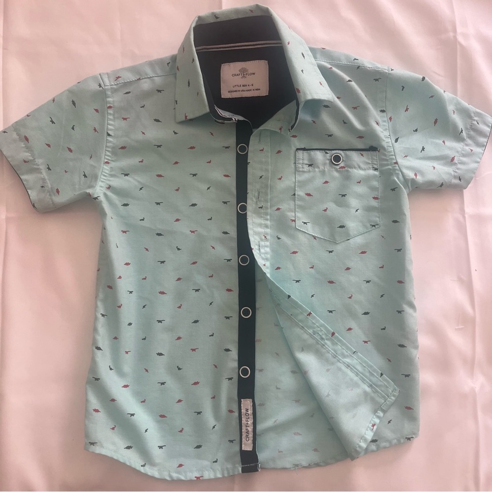 Craft‎ + Flow Boys Sz 4/5 Spearmint Blue Dinosaur Print Button Down collar Shirt